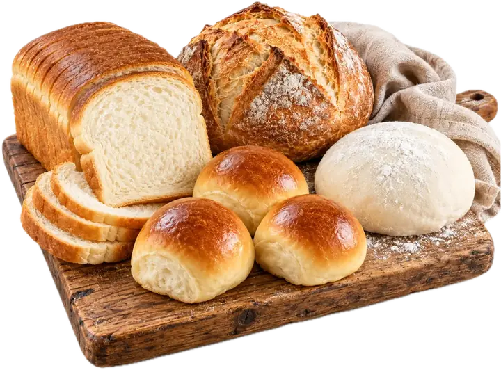 Tabla con pan de molde, pan de pueblo, bollos de leche y una bola de masa