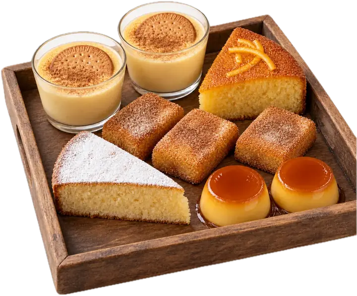 Bandeja con natillas, leche frita, tarta de Santiago, tocino de cielo y bizcocho de naranja