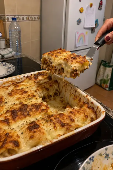 Fuente de canelones de carne gratinados con una porción ya servida, con la nevera al fondo