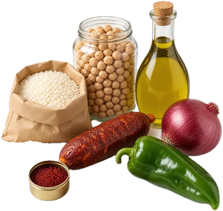 Garbanzos, arroz redondo, azafrán, chorizo, almendras, cebolla, pimiento y aceite de oliva