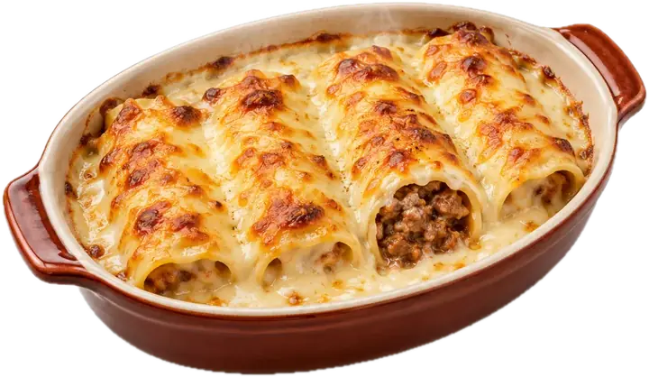 Canelones de carne gratinados con bechamel