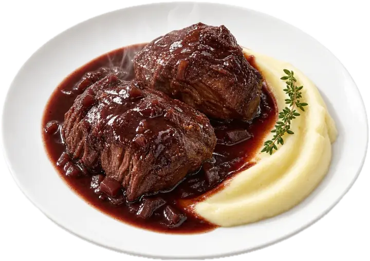 Carrilleras de cerdo en salsa de vino tinto con puré