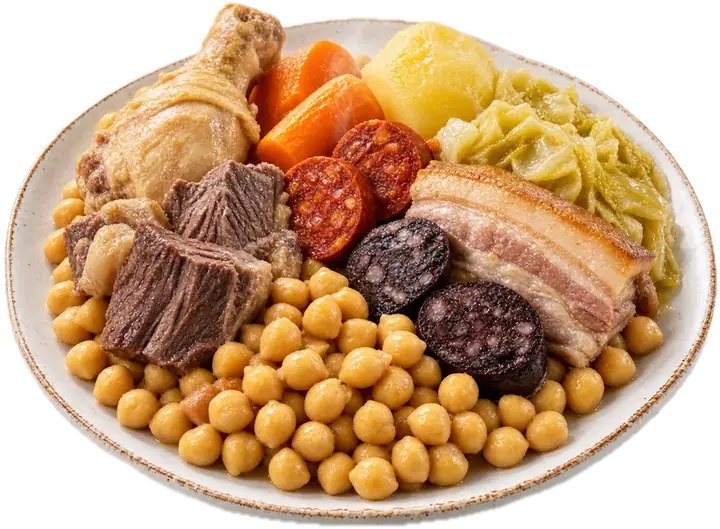 Cocido madrileño con garbanzos, carnes, chorizo y verduras