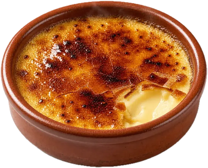Crema catalana con el azúcar quemado en cazuelita de barro