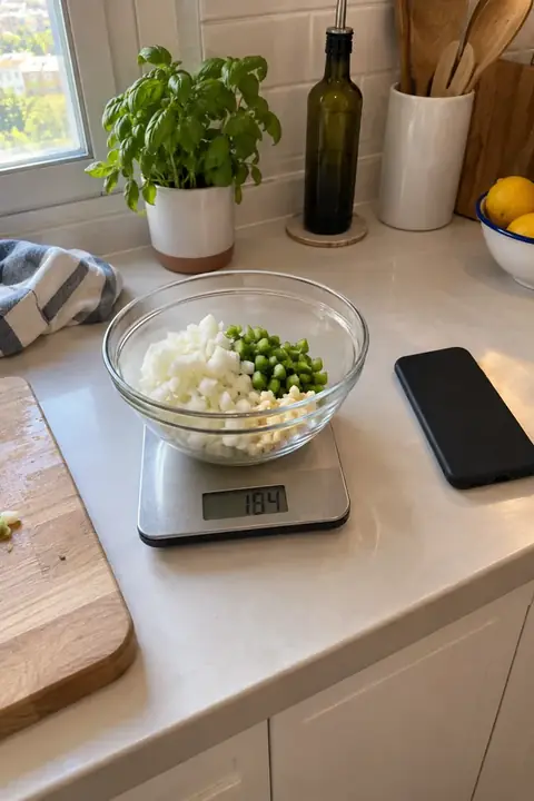 Cebolla, ajo y pimiento picados en un bol sobre una báscula de cocina